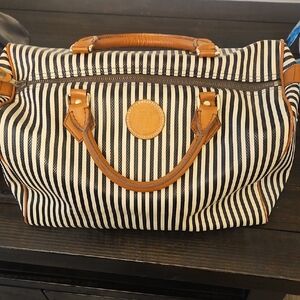 Striped Black and White Handbag with Tan Accents